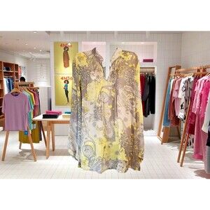 Susan Graver Women's Blouse Gray & Yellow Floral Sheer Pleated Neck Size Medium